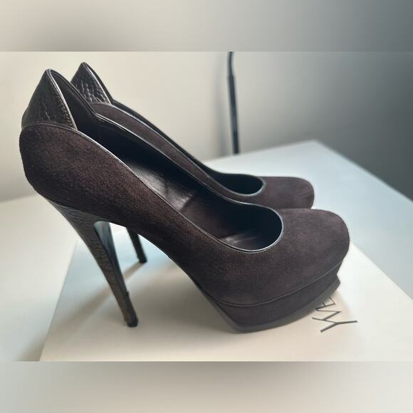 Saint Laurent Tribute YSL 105 Suede Ostrich Platform Heels Size 7.5 Brown - Picture 1 of 9